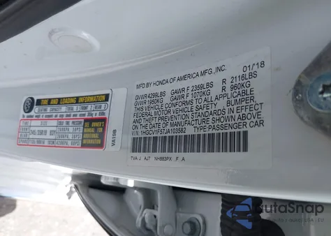 2018 Honda Accord Ex-L z USA, uszkodzony, nr VIN 1HGCV1F57JA103582